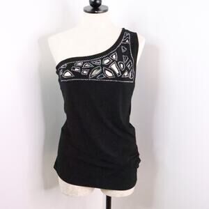 Venus Women’s M Black One Shoulder Rhinestone Cut-Out Asymmetrical Slouchy Top